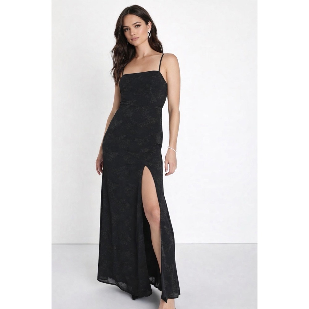 Lulu's Black Floral Burnout Slit Maxi Length Formal Evening Gown Lovely Affair S